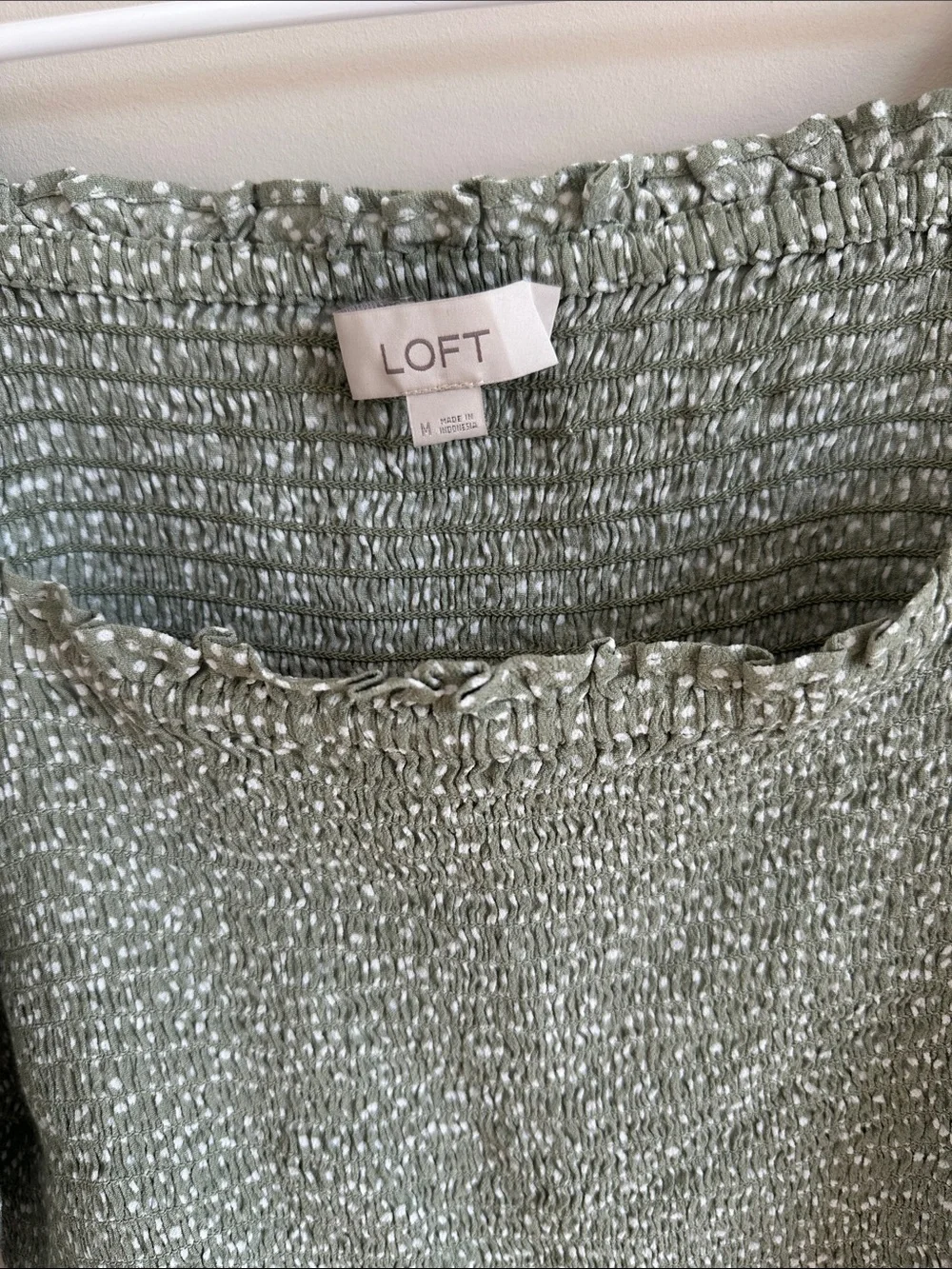 LOFT Sage Green Smocked Square Neck Cropped Puff Sleeve Blouse